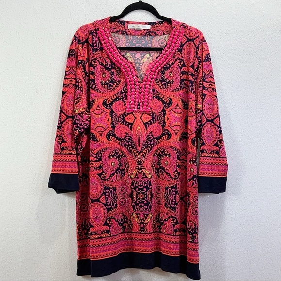 Peter Nygard 3/4 sleeve pink magenta orange beaded paisley with navy blue trim - Picture 2 of 11